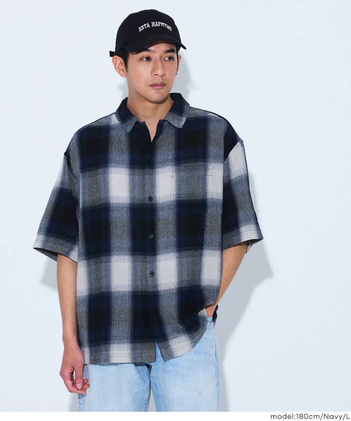 オンブレチェック半袖シャツ メンズ メール便不可 - Image 8