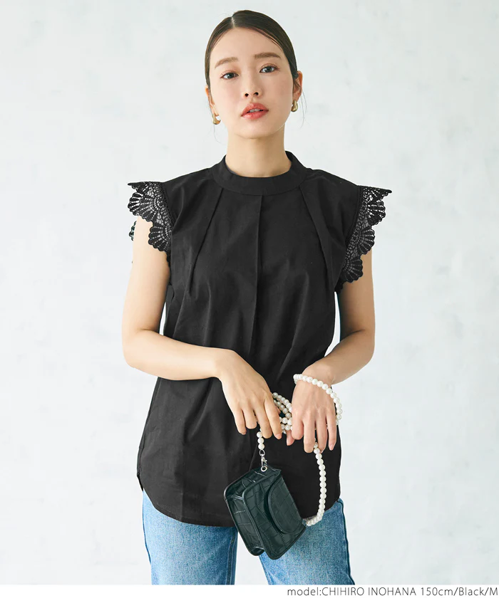 セール★1690円→1290円 ブラウス レディース ノースリーブ 袖レース フレンチスリーブ フレア 綿100 ミディアム丈 メール便可 24ss coca コカ - Image 5