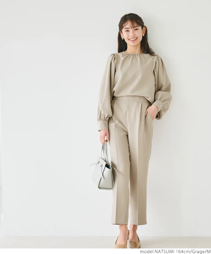 セール★2690円→990円 ブラウス レディース セットアップ可能 スーツ ショルダータック ボリュームスリーブ ラウンドネック メール便不可 - Image 2