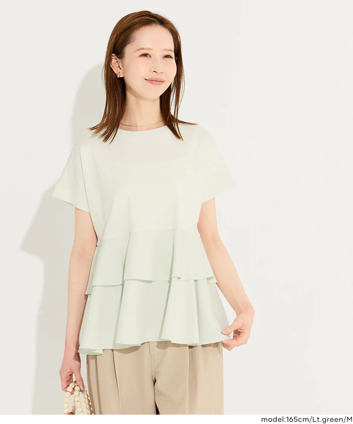 GW限定セール★ 異素材切り替え2段フリルTシャツ レディース メール便不可 - Image 3