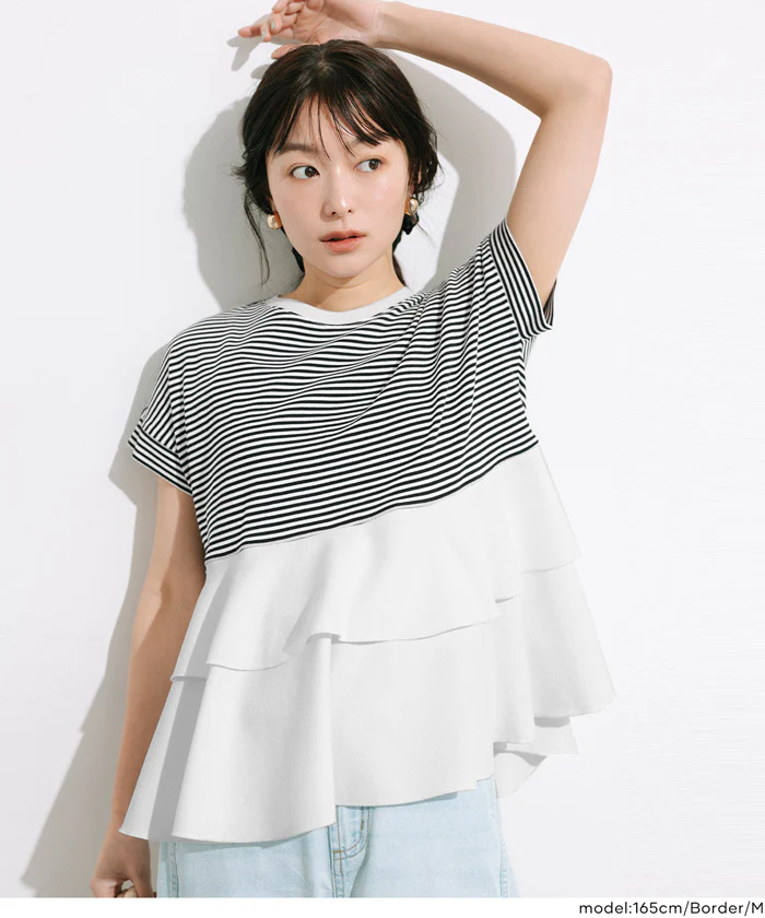 GW限定セール★ 異素材切り替え2段フリルTシャツ レディース メール便不可 - Image 6