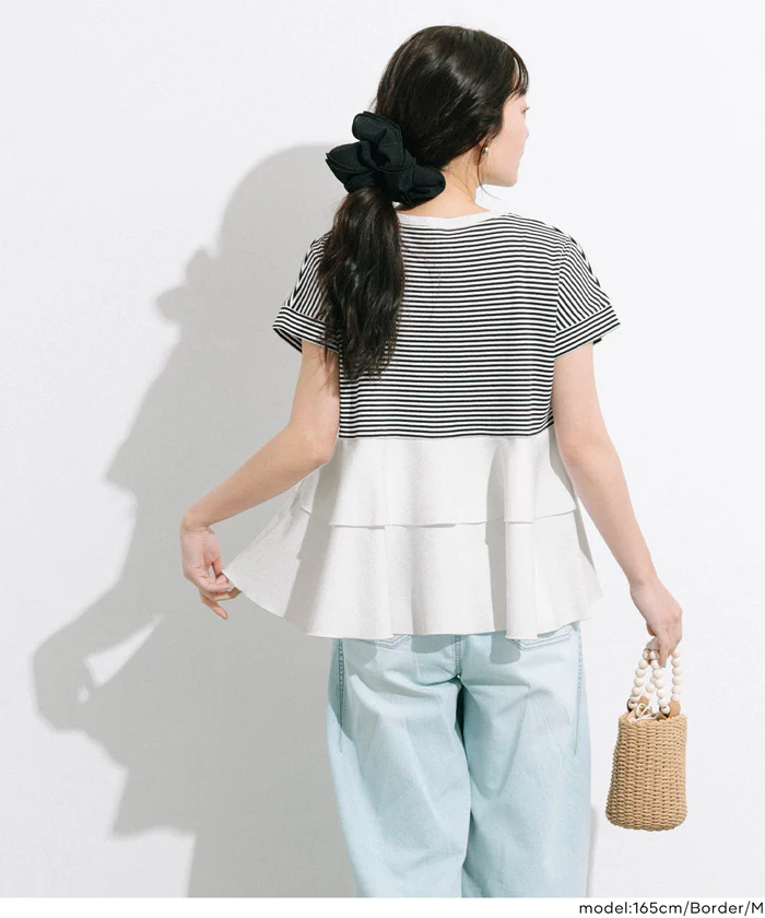 GW限定セール★ 異素材切り替え2段フリルTシャツ レディース メール便不可 - Image 7