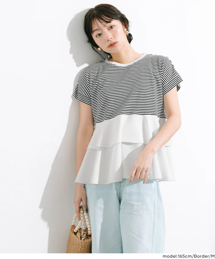 GW限定セール★ 異素材切り替え2段フリルTシャツ レディース メール便不可 - Image 9