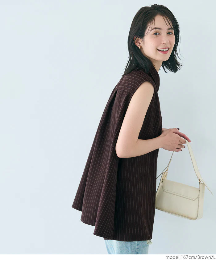 セール★2490円→1490円 ヘリンボーンストライプノースリーブブラウス レディース メール便不可 - Image 3
