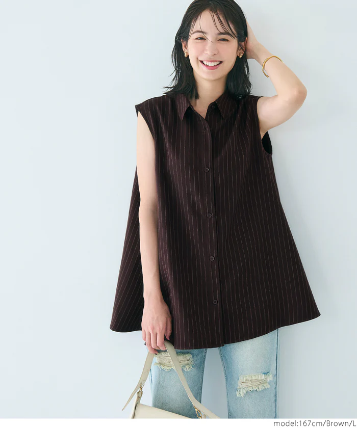 セール★2490円→1490円 ヘリンボーンストライプノースリーブブラウス レディース メール便不可 - Image 5