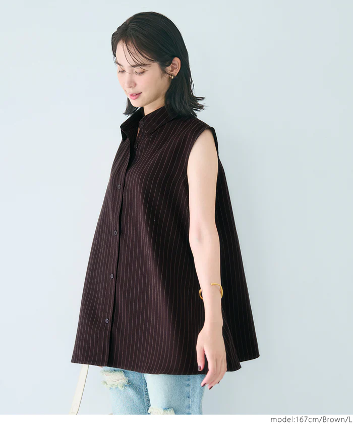 セール★2490円→1490円 ヘリンボーンストライプノースリーブブラウス レディース メール便不可 - Image 6