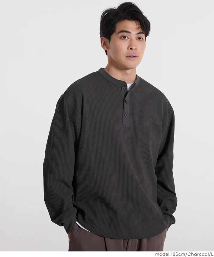 セール★2690円→1990円 EAZY TEX ワッフルラウンドヘンリーネックロンT メンズ メール便不可 - Image 3