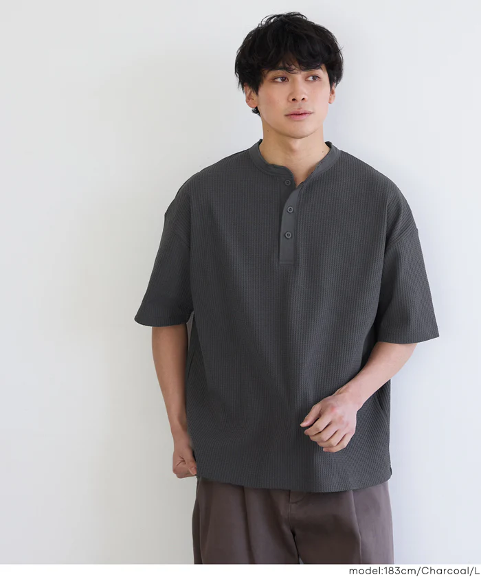EAZY TEX ワッフルヘンリーネック半袖Tシャツ メンズ メール便不可 - Image 11