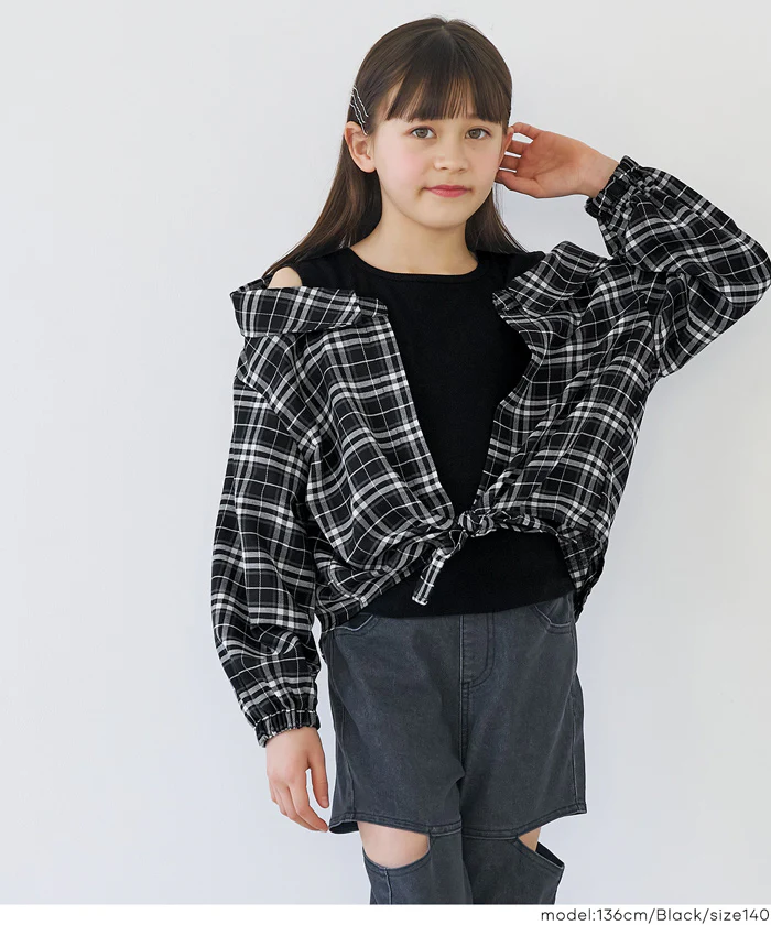ドッキング肩あきチェックシャツ キッズ メール便不可 - Image 3