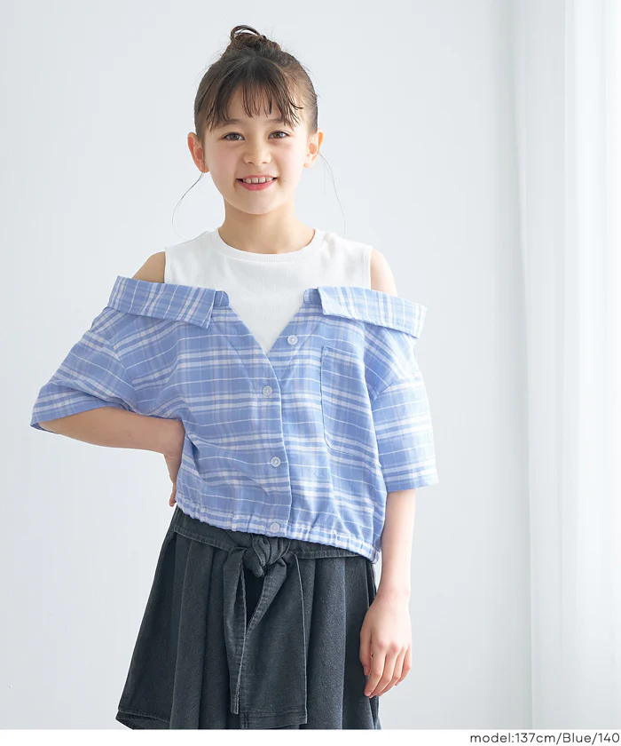 ドッキング肩あきチェックシャツ キッズ メール便不可 - Image 8