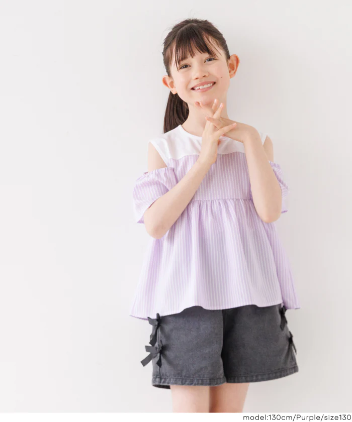GW限定セール★ ストライプドッキング肩あきブラウス キッズ メール便不可 - Image 10