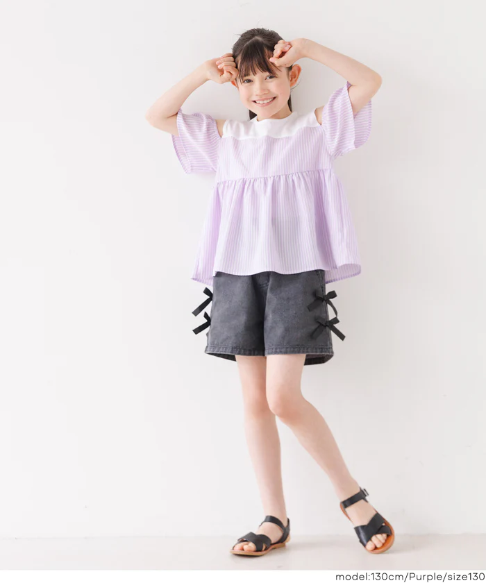 GW限定セール★ ストライプドッキング肩あきブラウス キッズ メール便不可 - Image 12