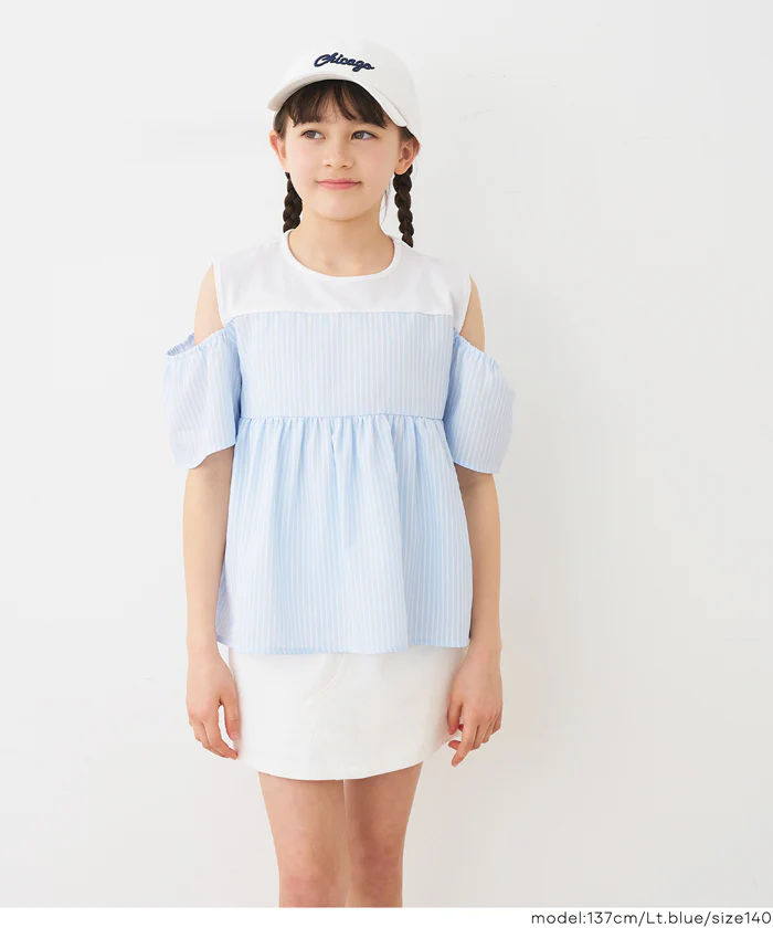 GW限定セール★ ストライプドッキング肩あきブラウス キッズ メール便不可 - Image 5