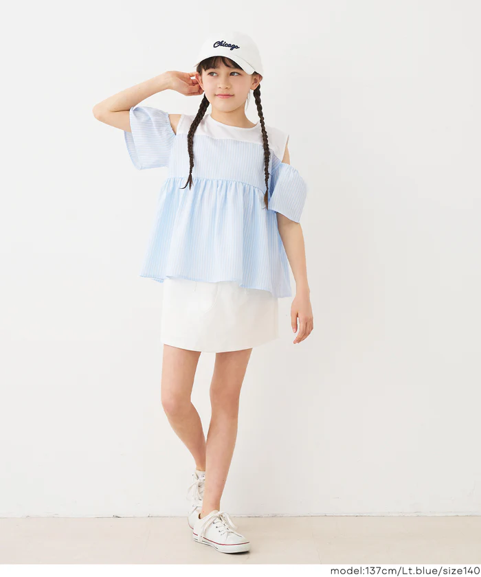 GW限定セール★ ストライプドッキング肩あきブラウス キッズ メール便不可 - Image 7