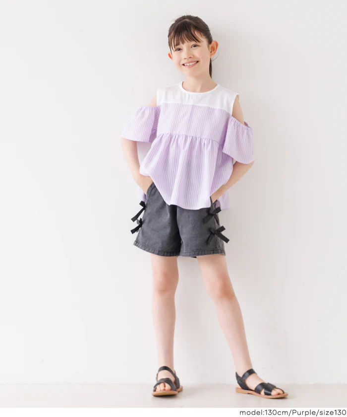 GW限定セール★ ストライプドッキング肩あきブラウス キッズ メール便不可 - Image 8