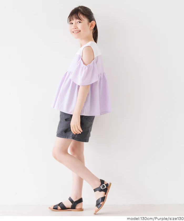 GW限定セール★ ストライプドッキング肩あきブラウス キッズ メール便不可 - Image 9
