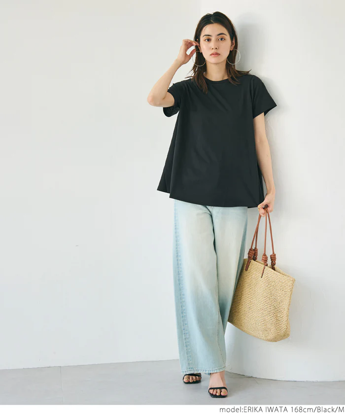 Tシャツ レディース フレアシルエット Aライン 半袖 クルーネック カットソー 無地 薄手 ミディアム丈 きれいめ 伸縮性 メール便可 24ss coca コカ - Image 9