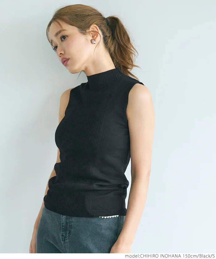 セール★1490円→990円 ニットタンクトップ レディース ハイネック ノースリーブ シャリ感 リブ ミディアム丈 メール便可 24aw - Image 11
