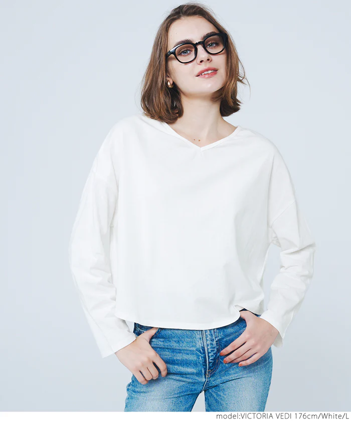 セール★990円→550円 レギュラーオンスコットンVネック短丈Tシャツ レディース メール便不可 - Image 3