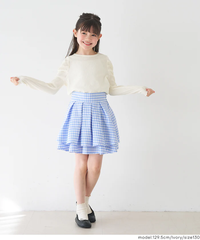 親子お揃いクレープシャーリングパフスリーブトップス キッズ メール便不可 - Image 2