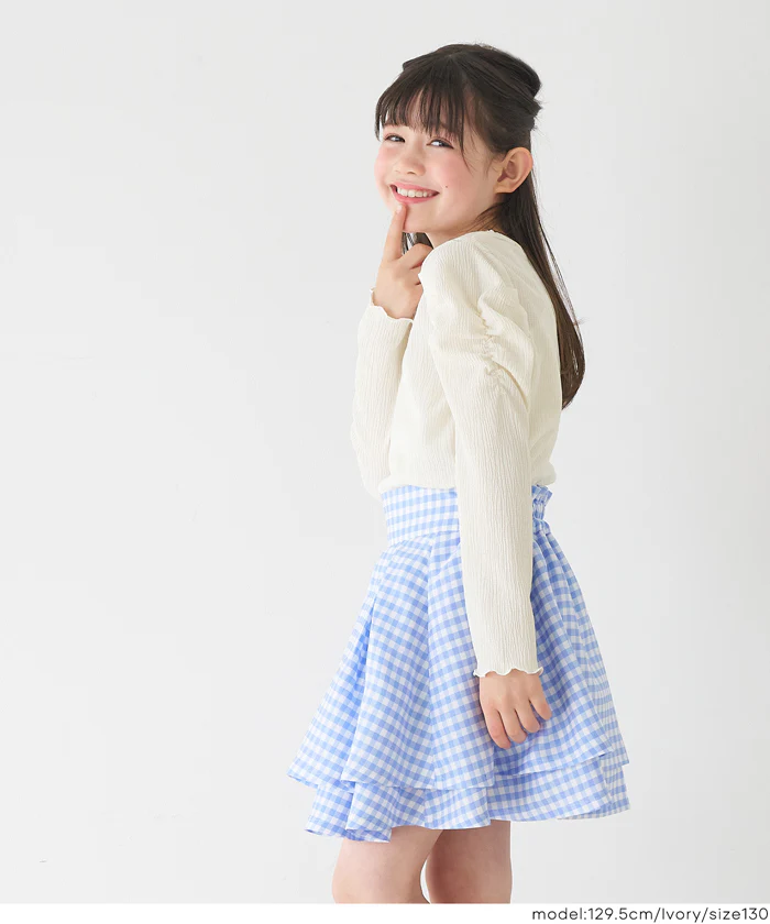 親子お揃いクレープシャーリングパフスリーブトップス キッズ メール便不可 - Image 3