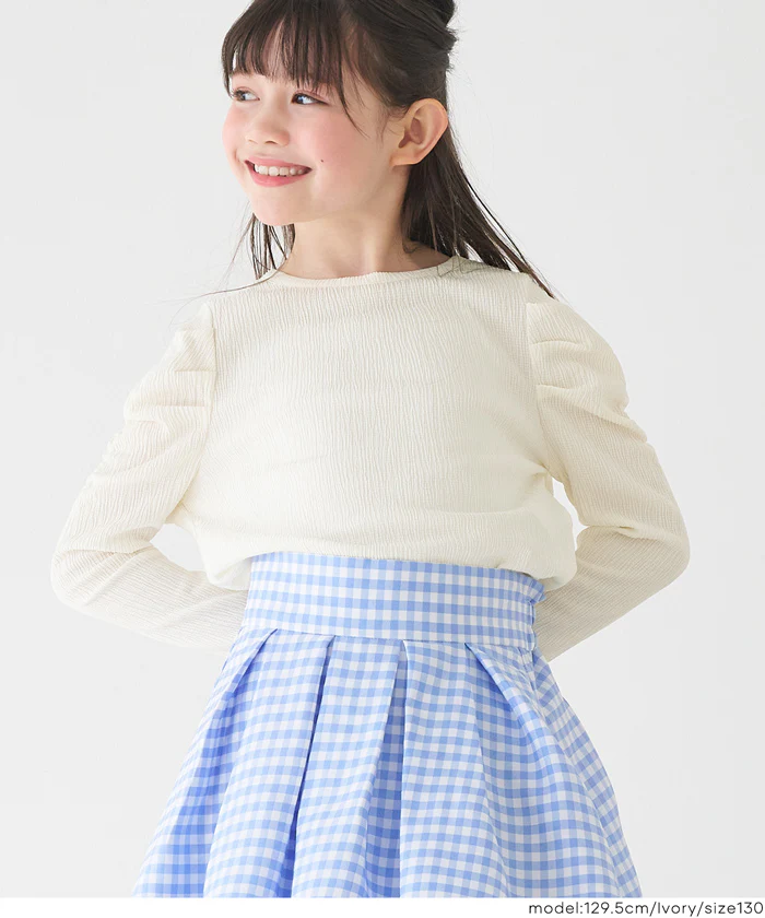 親子お揃いクレープシャーリングパフスリーブトップス キッズ メール便不可 - Image 5
