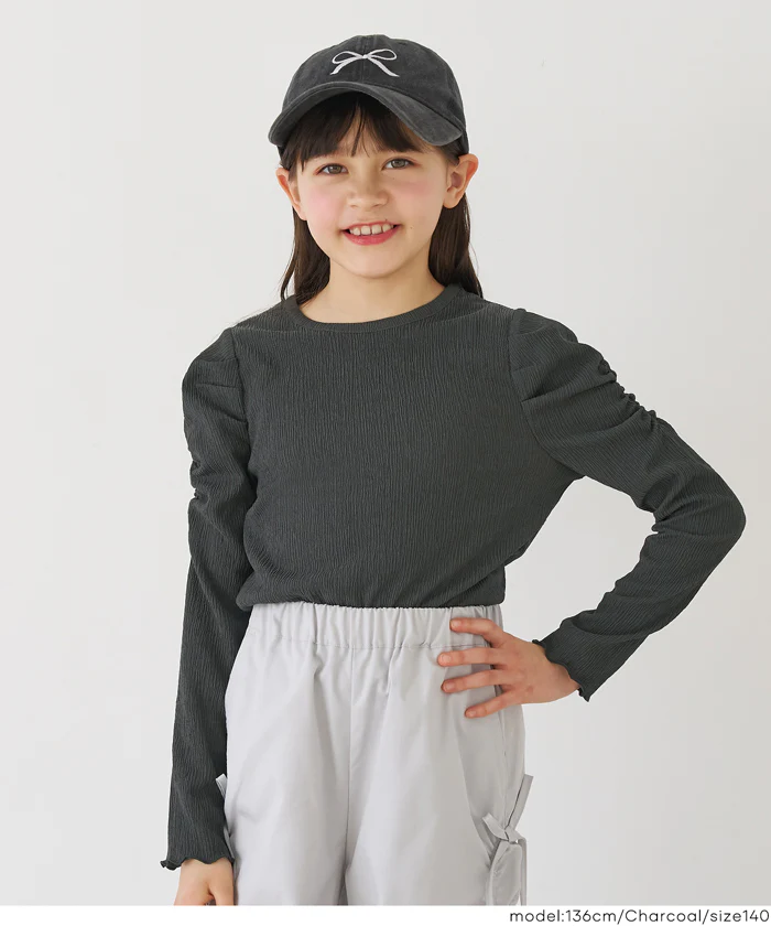 親子お揃いクレープシャーリングパフスリーブトップス キッズ メール便不可 - Image 8