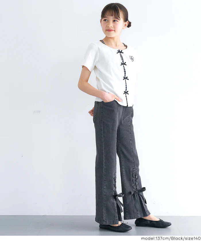 デニムレースアップリボンパンツ キッズ メール便不可 - Image 2