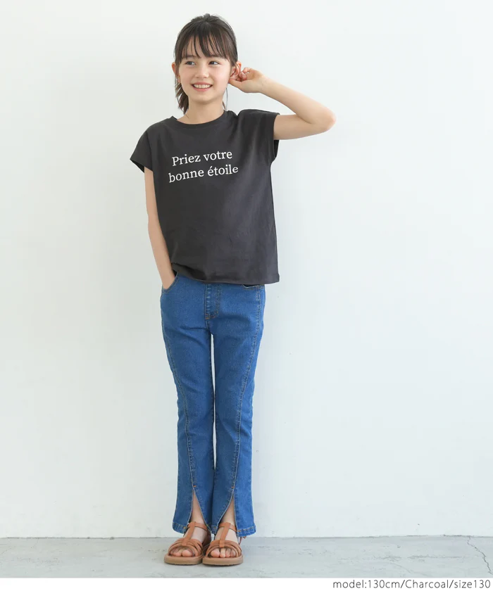 【アウトレット返品交換不可】キッズ 110-140 Tシャツ フレンチスリーブ ロゴ クルーネック 伸縮性 薄手 女の子 子供服 メール便可 - Image 3