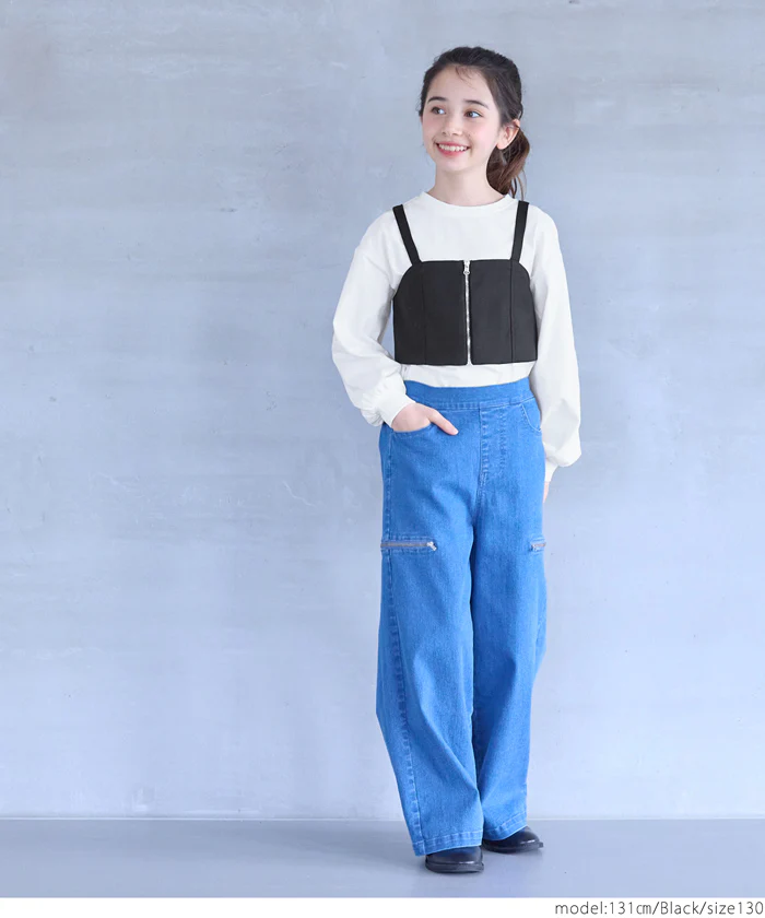 セール★1990円→990円 フロントジップビスチェ＆長袖Tシャツ 2点セット キッズ メール便不可 - Image 2
