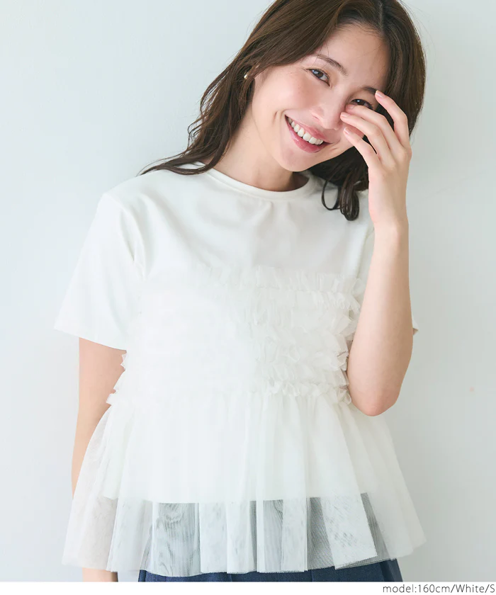 セール★2490円→1990円 シルキータッチチュール ドッキングTシャツ レディース メール便不可 - Image 3