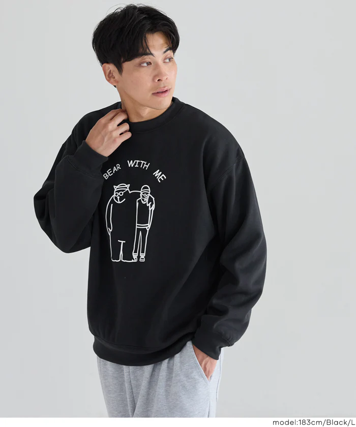セール★1690円→990円 裏起毛ベアイラストプリントトレーナー メンズ レディース メール便不可 - Image 3