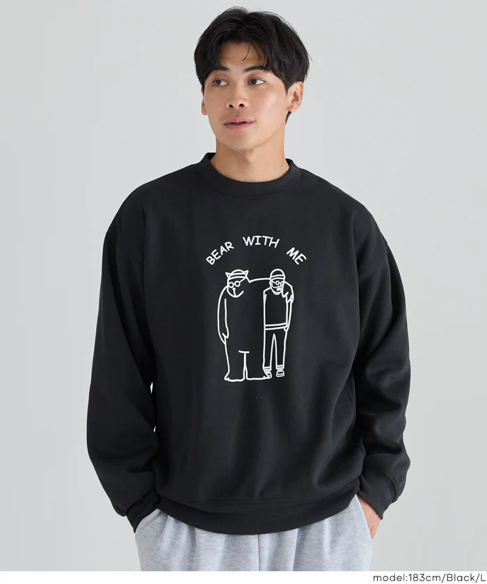 セール★1690円→990円 裏起毛ベアイラストプリントトレーナー メンズ レディース メール便不可 - Image 6