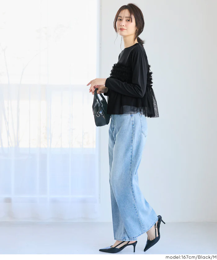 シルキータッチチュールドッキング長袖Tシャツ レディース メール便不可 - Image 11