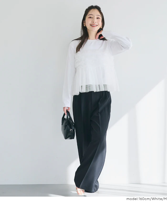 シルキータッチチュールドッキング長袖Tシャツ レディース メール便不可 - Image 3