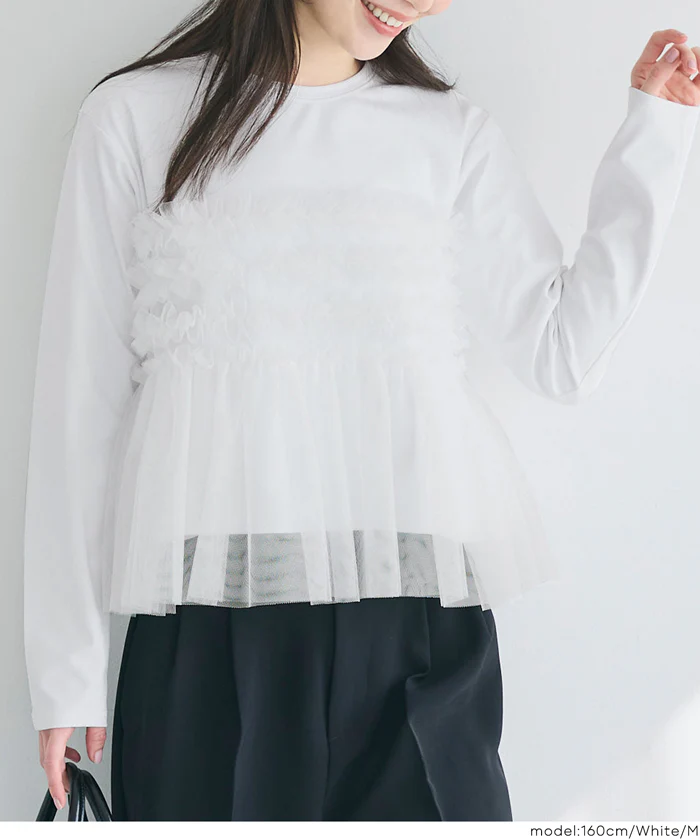 シルキータッチチュールドッキング長袖Tシャツ レディース メール便不可 - Image 7