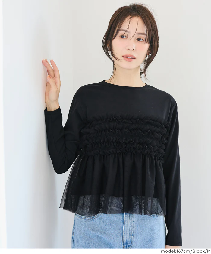 シルキータッチチュールドッキング長袖Tシャツ レディース メール便不可 - Image 9