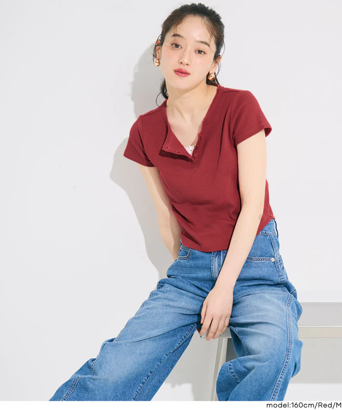 リブヘンリーネックTシャツ レディース メール便可 - Image 12