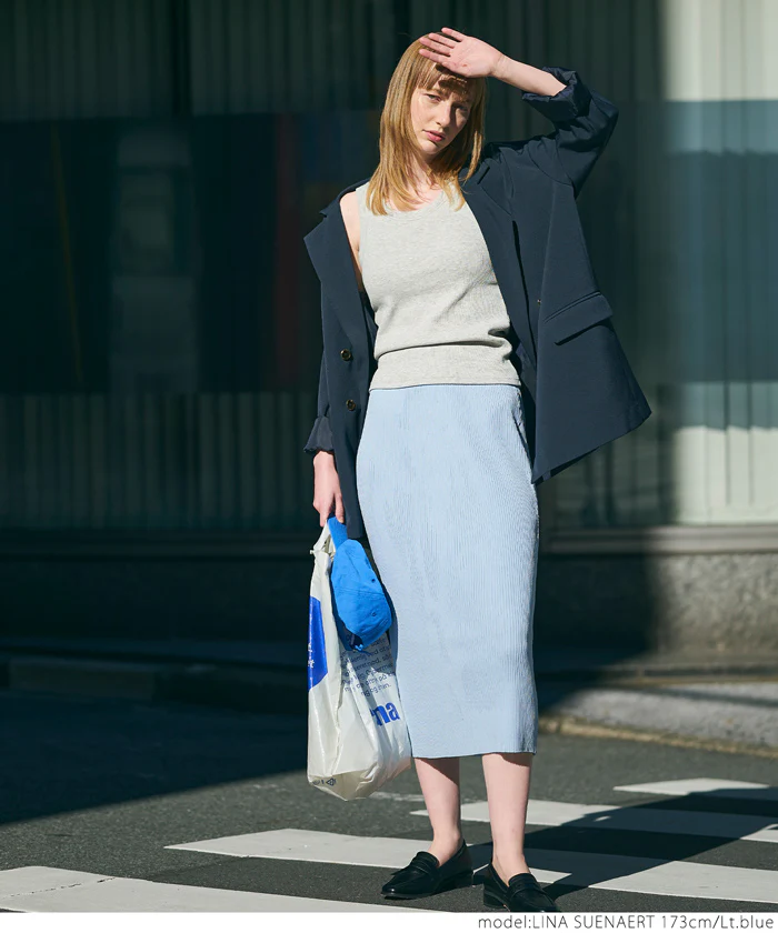 セール★1490円→550円 ニットスカート レディース シャリ感リブニット ストレート ミモレ丈 ウエストゴム Iライン ミディアム丈 メール便不可 24ss - Image 8
